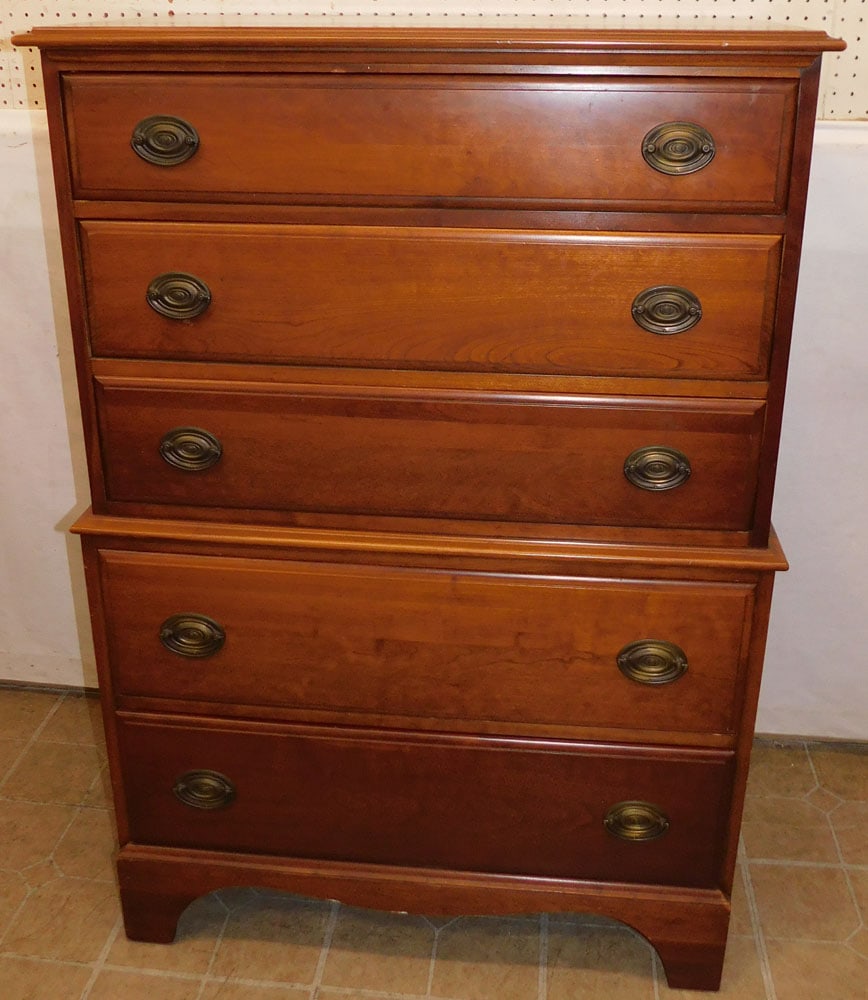 Cherry 5 Drawer Tall Chest: Cherry 5 Drawer Tall Chest . 33" W 20 1/4" D 48 1/4" H ALL DESCRIPTIONS AND ANY CONDITION STATEMENT GIVEN BY LANGSTON AUCTION GALLERY ARE STRICTLY OPINIONS AND LANGSTON'S SHALL HAVE NO RESPONSIBILITY 