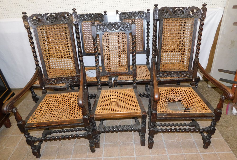 Set of 7 Oak Barley Twist Cane Seat & Back Dining Chairs, (Cane As Is): Set of 7 Oak Barley Twist Cane Seat & Back Dining Chairs, (Cane As Is). 44" H ALL DESCRIPTIONS AND ANY CONDITION STATEMENT GIVEN BY LANGSTON AUCTION GALLERY ARE STRICTLY OPINIONS AND LANGSTON'S SHALL 