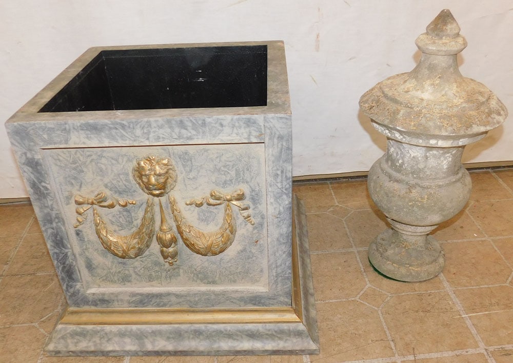 Painted Resin Jardiniere & Concrete Finial: Painted Resin Jardiniere & Concrete Finial. Up to 19" Dia. 16 1/4" H ALL DESCRIPTIONS AND ANY CONDITION STATEMENT GIVEN BY LANGSTON AUCTION GALLERY ARE STRICTLY OPINIONS AND LANGSTON'S SHALL HAVE NO R