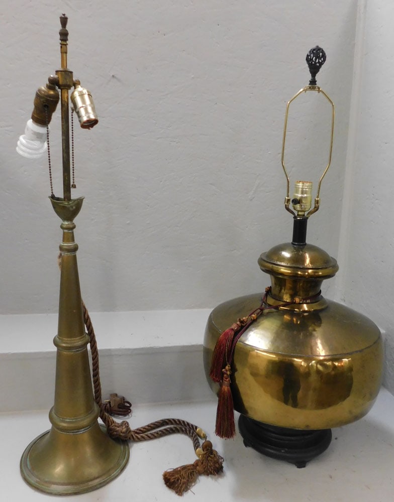 2 Brass Lamps: 2 Brass Lamps. Up to 32" H ALL DESCRIPTIONS AND ANY CONDITION STATEMENT GIVEN BY LANGSTON AUCTION GALLERY ARE STRICTLY OPINIONS AND LANGSTON'S SHALL HAVE NO RESPONSIBILITY FOR ERRORS OR OMISSIONS. THE