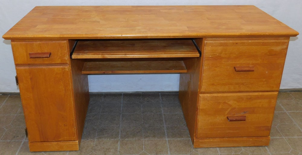 Maple Desk: Maple Desk . 60" W 29" D 25 1/2" H ALL DESCRIPTIONS AND ANY CONDITION STATEMENT GIVEN BY LANGSTON AUCTION GALLERY ARE STRICTLY OPINIONS AND LANGSTON'S SHALL HAVE NO RESPONSIBILITY FOR ERRORS OR OMISSI