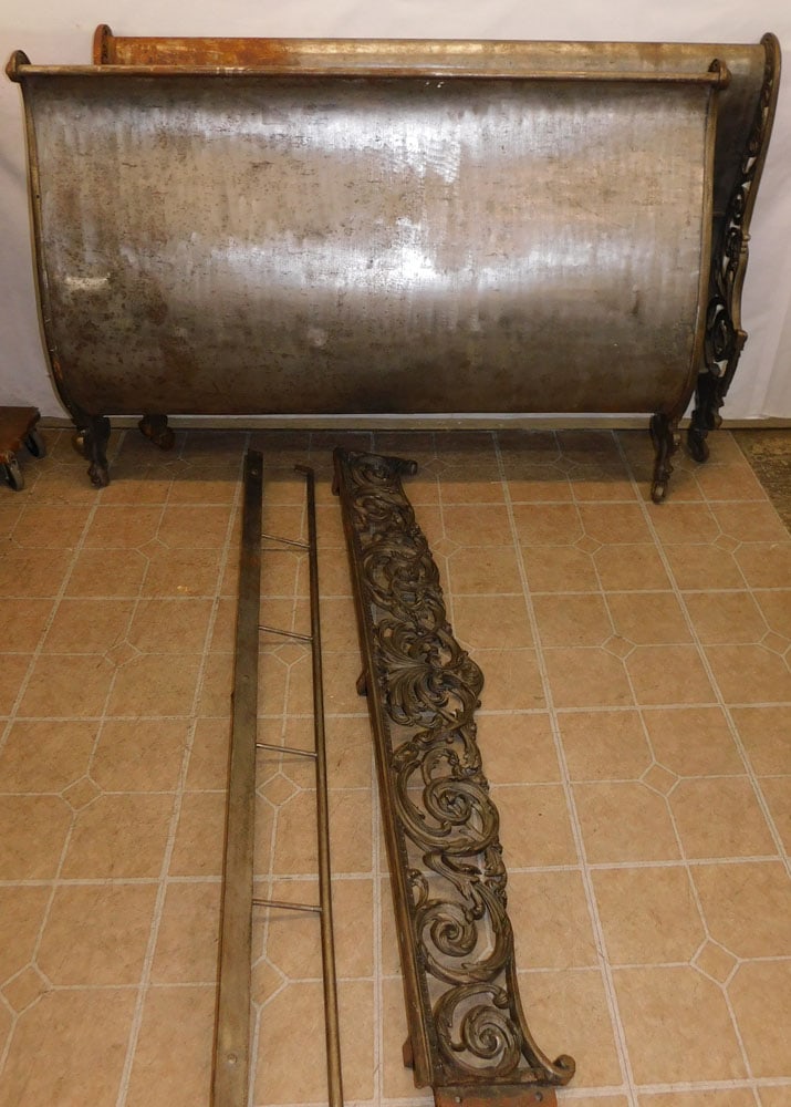 Metal Sleigh Bed with Rails: Metal Sleigh Bed with Rails. 52 1/2" W 36" H ALL DESCRIPTIONS AND ANY CONDITION STATEMENT GIVEN BY LANGSTON AUCTION GALLERY ARE STRICTLY OPINIONS AND LANGSTON'S SHALL HAVE NO RESPONSIBILITY FOR ERRORS