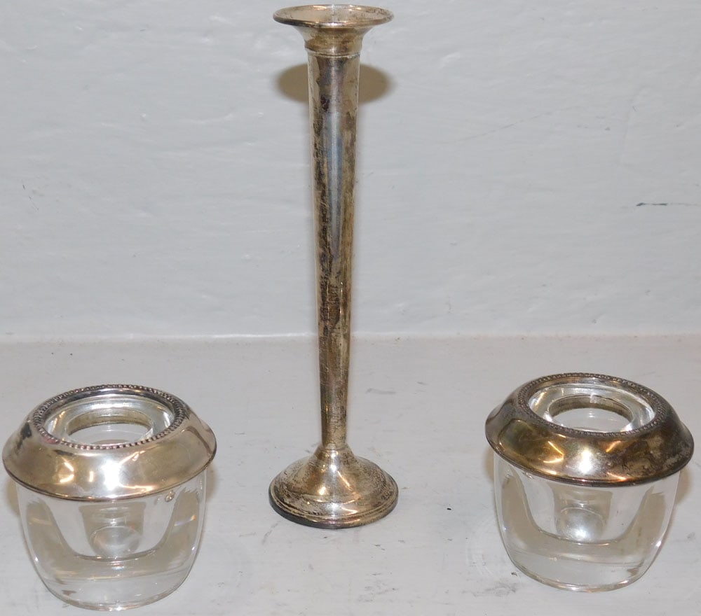 Pair Sterling Rimmed Toothpick Holders By Frank Whiting & Sterling Weighted Trumpet Vase (1 of 3)