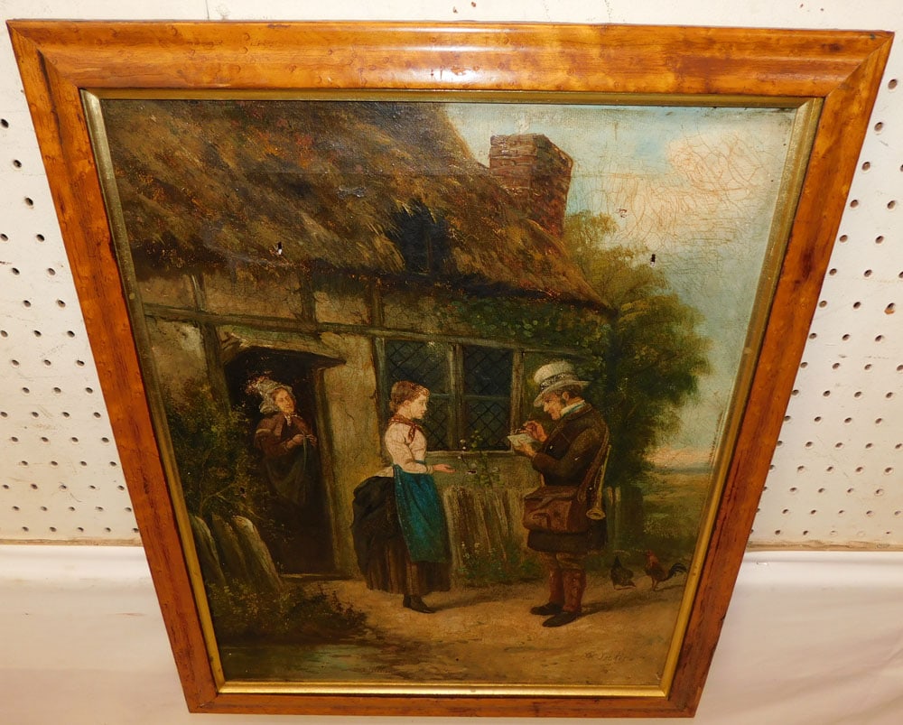 19th Century Farm Scene Oil on Canvas Signed in Bird's Eye Maple Frame, (Canvas Has Tears) (1 of 10)