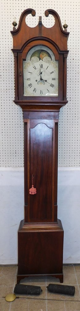 19th Century Mahogany Grandfather Clock with Painted Dial, Weights, & Pendulum (1 of 10)