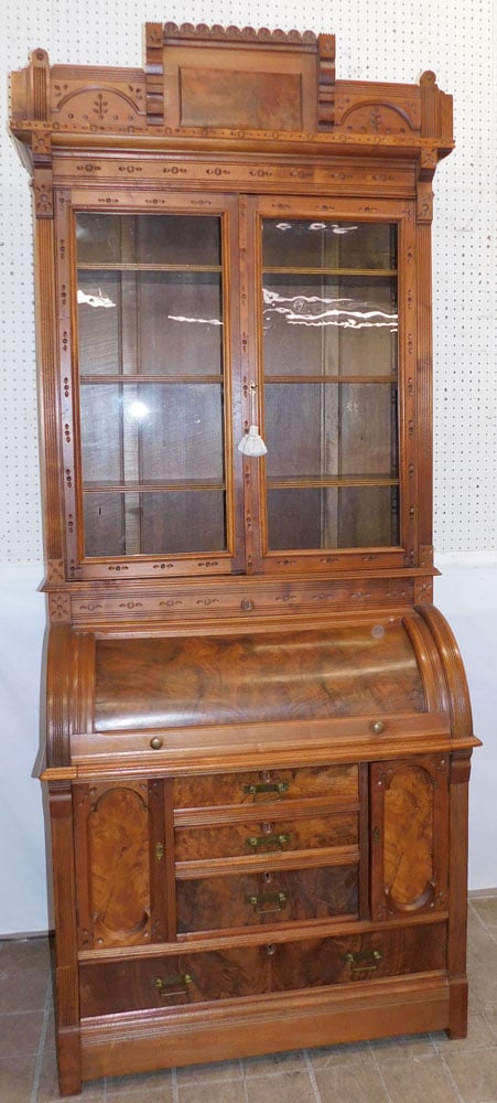 Antique Carved Walnut Victorian Cylinder Roll Secretary (1 of 8)