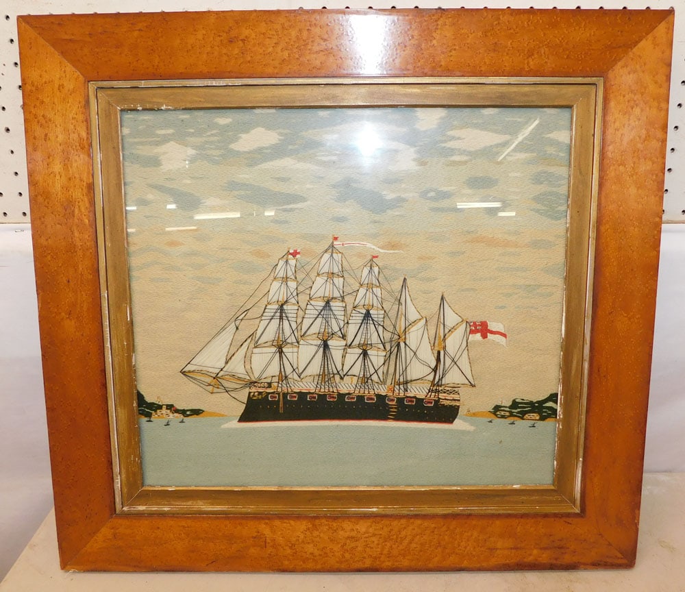 Antique Ship Stumpwork in Bird's Eye Maple Frame (1 of 4)