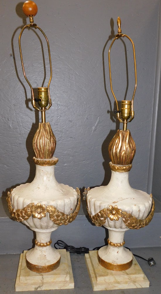 Pair of Antique Carved Wood Painted Urn Lamps: Pair of Antique Carved Wood Painted Urn Lamps. 34" H ALL DESCRIPTIONS AND ANY CONDITION STATEMENT GIVEN BY LANGSTON AUCTION GALLERY ARE STRICTLY OPINIONS AND LANGSTON'S SHALL HAVE NO RESPONSIBILITY FO
