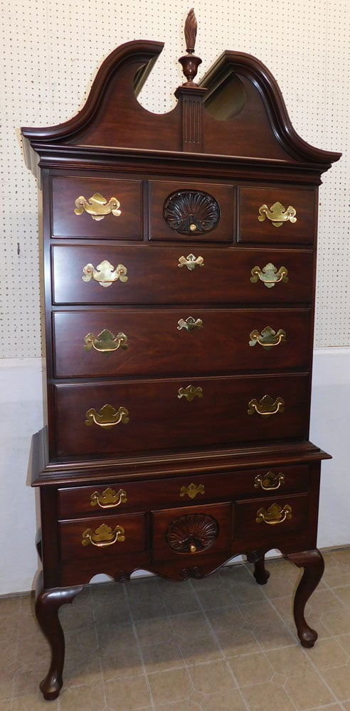 Mahogany 2 Part Queen Anne Style Broken Arch Top Highboy by Henkel Harris (1 of 10)