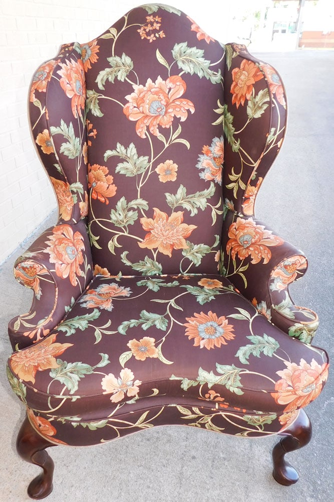 Upholstered Wing Back Chair: Upholstered Wing Back Chair. 48 3/4" H ALL DESCRIPTIONS AND ANY CONDITION STATEMENT GIVEN BY LANGSTON AUCTION GALLERY ARE STRICTLY OPINIONS AND LANGSTON'S SHALL HAVE NO RESPONSIBILITY FOR ERRORS OR OM