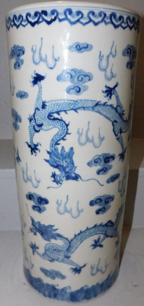 Oriental Blue & White Umbrella Stand Signed with Character Marks & Dragon Motif (1 of 3)