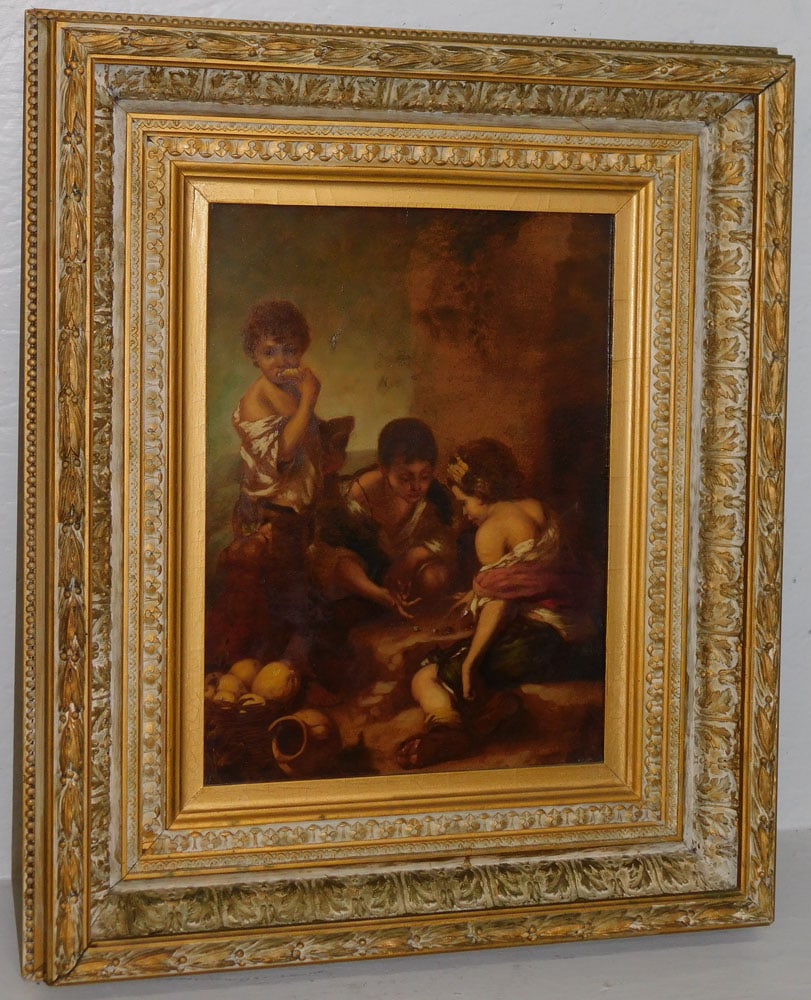 Antique Ornate Framed Oil on Board "Beggar Boys Playing Dice" (1 of 3)
