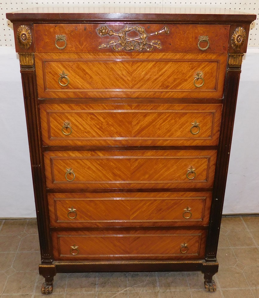 Burl Walnut & Mahogany French 6 Drawer Tall Chest (1 of 6)