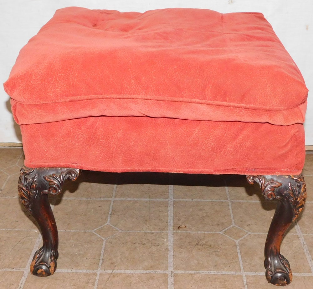 Carved Mahogany & Upholstered Ottoman (1 of 3)