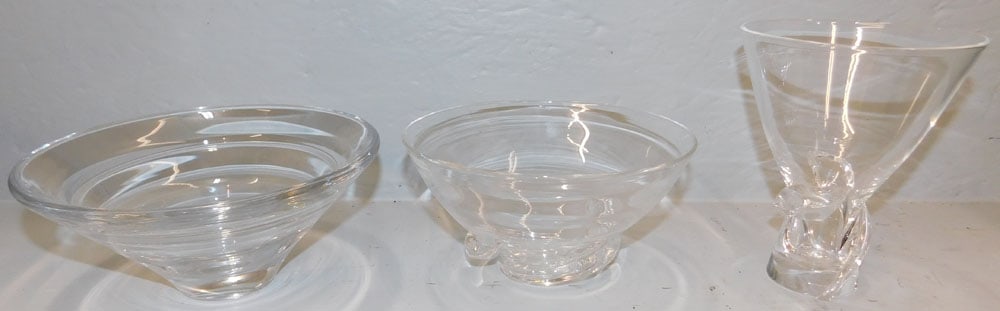2 Pieces of Signed Steuben Glass & 1 Piece of Signed Kosta Glass: 2 Pieces of Signed Steuben Glass & 1 Piece of Signed Kosta Glass. Up to 6 1/4" H ALL DESCRIPTIONS AND ANY CONDITION STATEMENT GIVEN BY LANGSTON AUCTION GALLERY ARE STRICTLY OPINIONS AND LANGSTON'S SHA