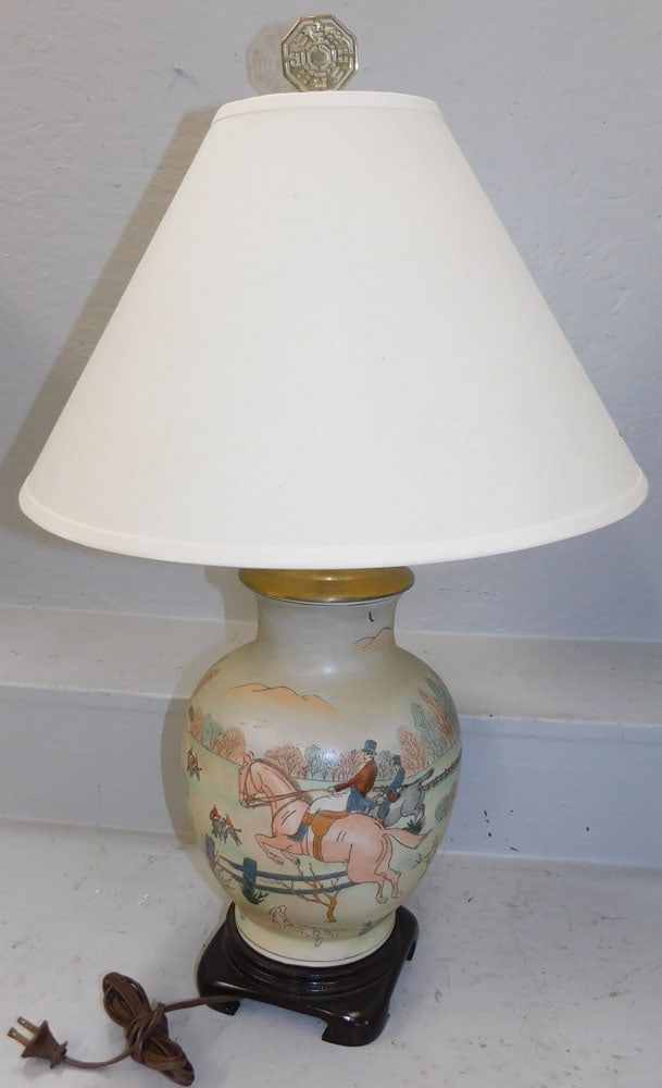 Oriental Porcelain Decorated Fox Hunt Scene Vase Made Into Lamp (1 of 4)