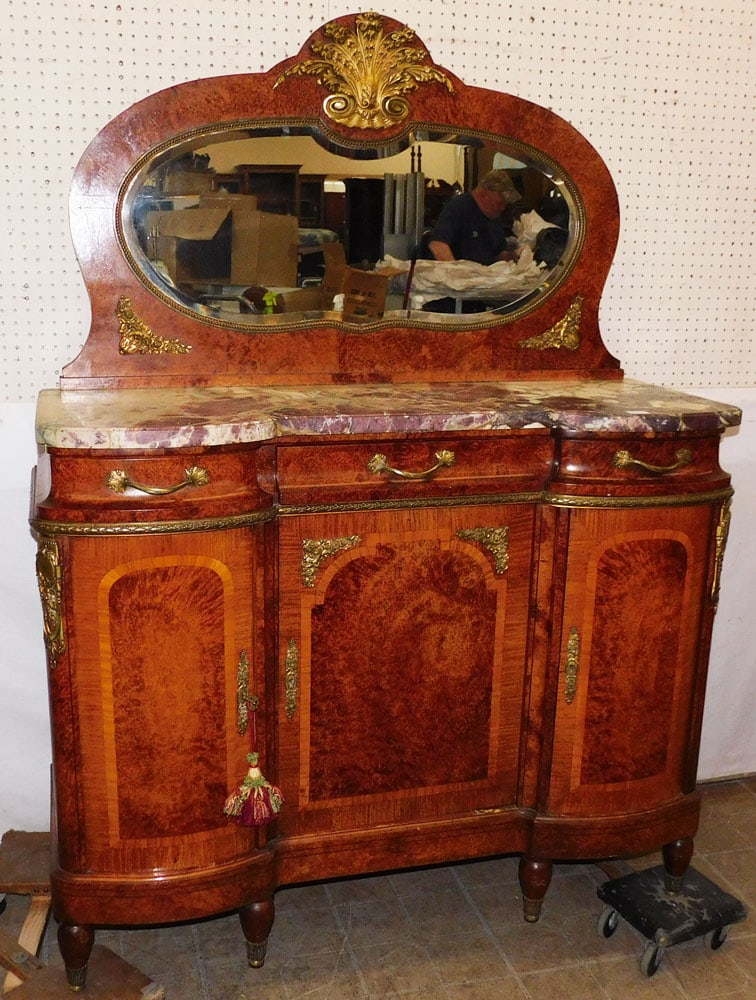Burl Walnut French Marble Top & Mirror Back Server with Bronze Ormolu (1 of 8)