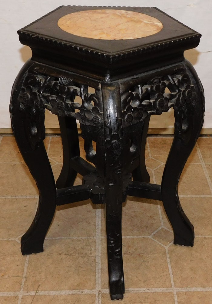 Oriental Carved Wood & Marble Top Plant Stand (1 of 2)