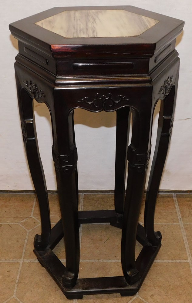 Hexagon Shaped Oriental Rosewood Marble Top Plant Stand (1 of 4)