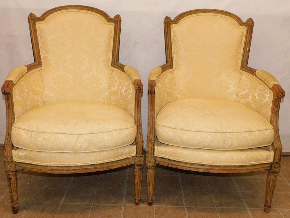 Pair of 19th Century Distress Painted & Upholstered Down Cushion Berg?res: Pair of 19th Century Distress Painted & Upholstered Down Cushion Bergères . 36 3/4" H ALL DESCRIPTIONS AND ANY CONDITION STATEMENT GIVEN BY LANGSTON AUCTION GALLERY ARE STRICTLY OPINIONS AND LANGSTON