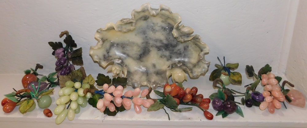 Alabaster Bowl & Oriental Stone Fruit: Alabaster Bowl & Oriental Stone Fruit. Bowl: 15" L 11" W ALL DESCRIPTIONS AND ANY CONDITION STATEMENT GIVEN BY LANGSTON AUCTION GALLERY ARE STRICTLY OPINIONS AND LANGSTON'S SHALL HAVE NO RESPONSIBILIT