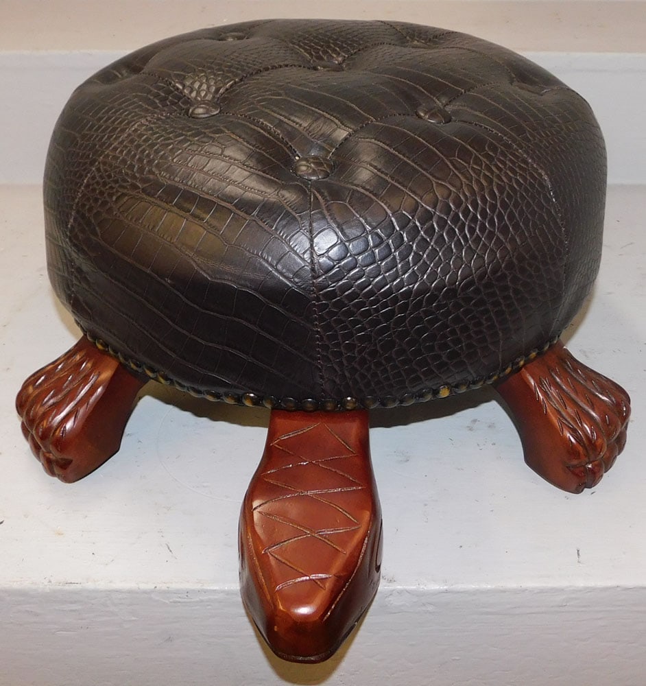 Carved Mahogany & Vinyl Turtle Form Foot Stool (1 of 4)
