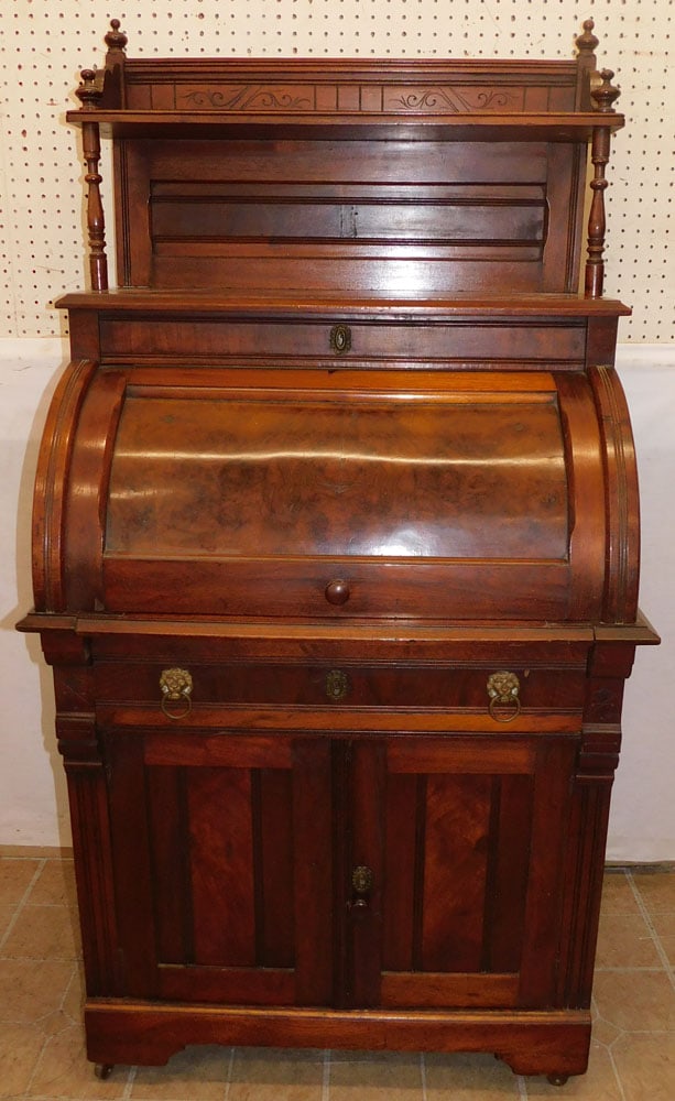 Antique Walnut Victorian Cylinder Roll Desk with Gallery (1 of 6)