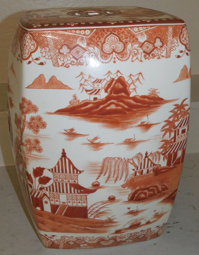 Oriental Porcelain Garden Seat: Oriental Porcelain Garden Seat . 11 1/2" Dia. 16" H ALL DESCRIPTIONS AND ANY CONDITION STATEMENT GIVEN BY LANGSTON AUCTION GALLERY ARE STRICTLY OPINIONS AND LANGSTON'S SHALL HAVE NO RESPONSIBILITY FOR