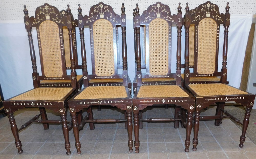 Set of 8 Mahogany Bone Inlaid Cane Seat & Back Dining Chairs: Set of 8 Mahogany Bone Inlaid Cane Seat & Back Dining Chairs . 46" H ALL DESCRIPTIONS AND ANY CONDITION STATEMENT GIVEN BY LANGSTON AUCTION GALLERY ARE STRICTLY OPINIONS AND LANGSTON'S SHALL HAVE NO R
