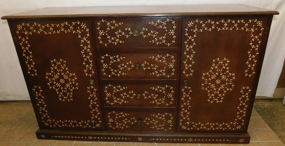 Mahogany Bone Inlaid Sideboard: Mahogany Bone Inlaid Sideboard . 61 1/2" W 20 3/4" D 35 3/4" H ALL DESCRIPTIONS AND ANY CONDITION STATEMENT GIVEN BY LANGSTON AUCTION GALLERY ARE STRICTLY OPINIONS AND LANGSTON'S SHALL HAVE NO RESPONS