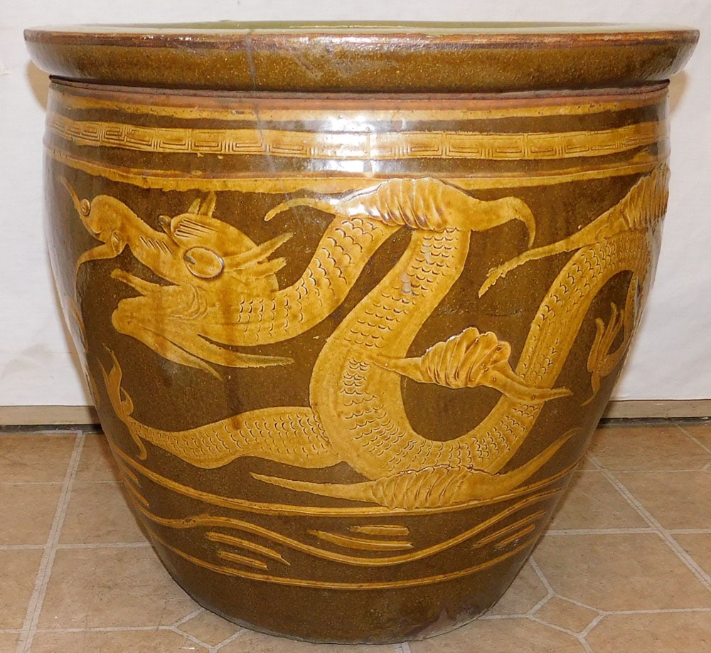 Large Ironstone Jardiniere with Dragon Motif: Large Ironstone Jardiniere with Dragon Motif . 19 1/2" Dia. 18 1/4" H ALL DESCRIPTIONS AND ANY CONDITION STATEMENT GIVEN BY LANGSTON AUCTION GALLERY ARE STRICTLY OPINIONS AND LANGSTON'S SHALL HAVE NO 