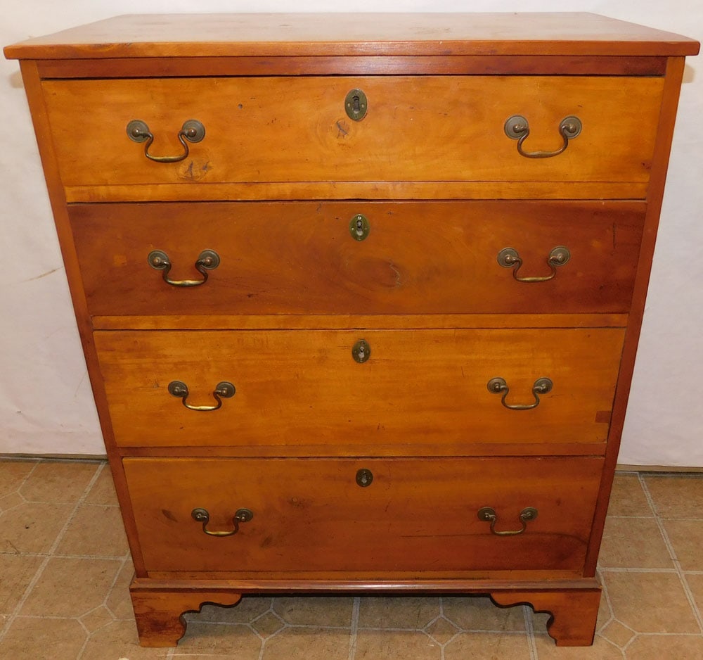 19th Century New England Cherry 4 Drawer Chest: 19th Century New England Cherry 4 Drawer Chest . 30" W 18 1/2" D 37 1/2" H ALL DESCRIPTIONS AND ANY CONDITION STATEMENT GIVEN BY LANGSTON AUCTION GALLERY ARE STRICTLY OPINIONS AND LANGSTON'S SHALL HAV