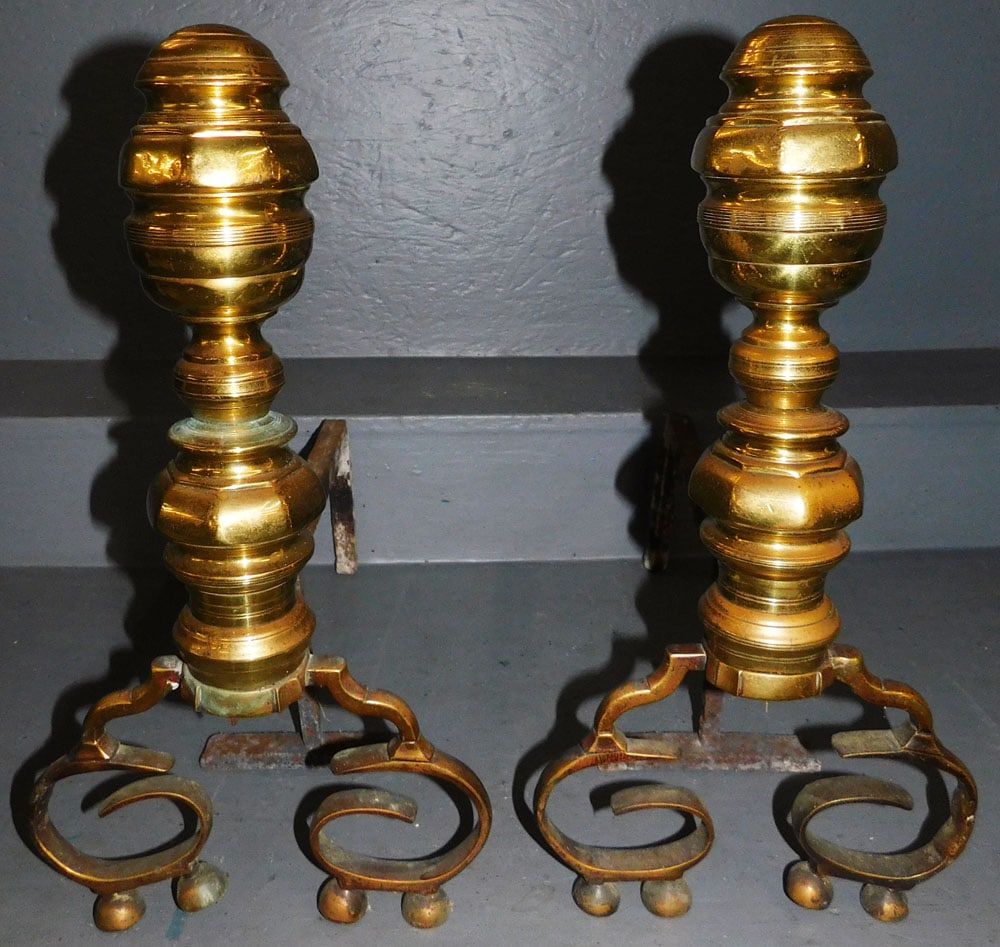 Pair of 19th Century Brass Andirons: Pair of 19th Century Brass Andirons. 18 1/2" H ALL DESCRIPTIONS AND ANY CONDITION STATEMENT GIVEN BY LANGSTON AUCTION GALLERY ARE STRICTLY OPINIONS AND LANGSTON'S SHALL HAVE NO RESPONSIBILITY FOR ERRO