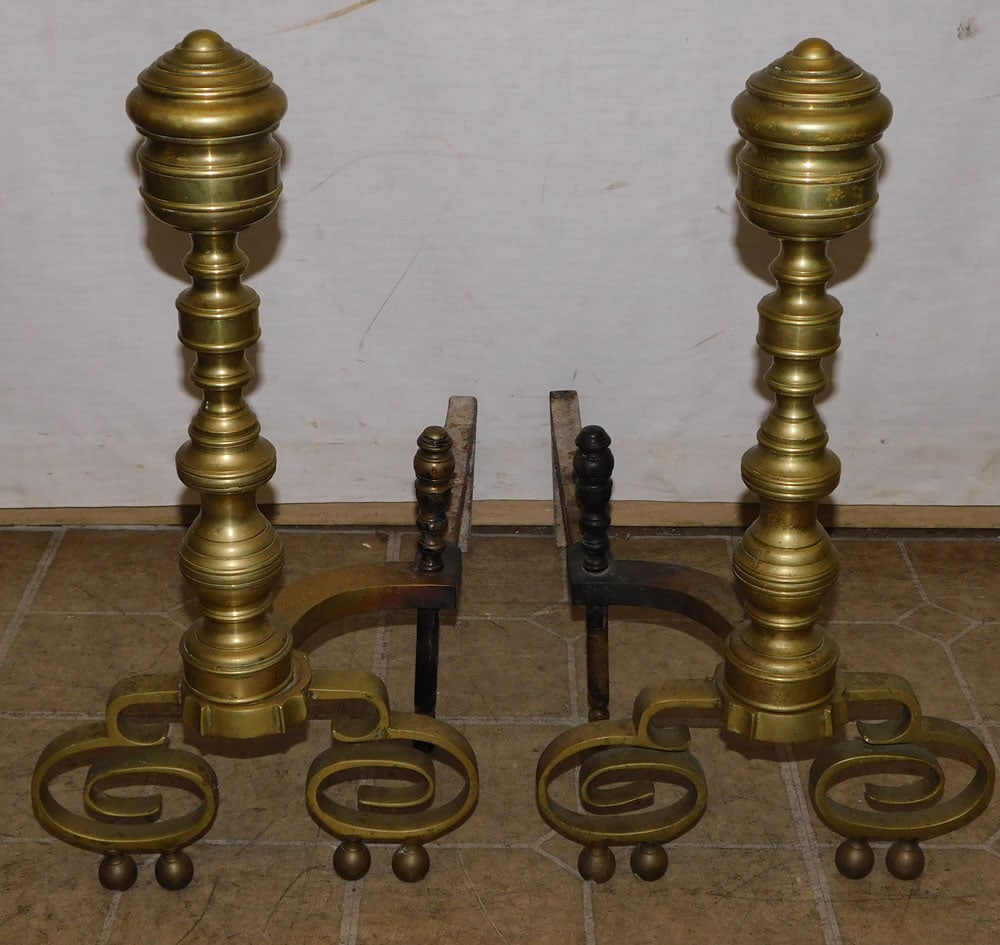 Pair of 19th Century Brass Andirons: Pair of 19th Century Brass Andirons. 21 1/2" H ALL DESCRIPTIONS AND ANY CONDITION STATEMENT GIVEN BY LANGSTON AUCTION GALLERY ARE STRICTLY OPINIONS AND LANGSTON'S SHALL HAVE NO RESPONSIBILITY FOR ERRO