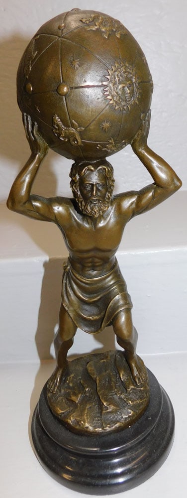 Bronze Figure of Atlas Carrying Earth on Marble Base Signed (1 of 3)