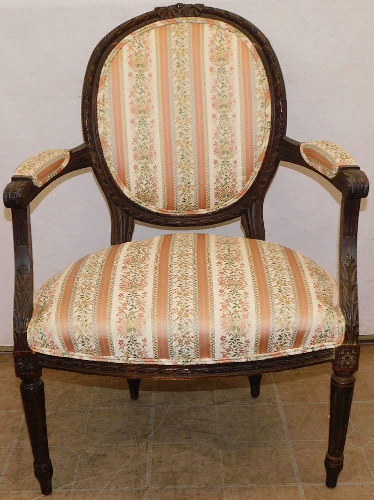 Carved Walnut Louis XVI Silk Upholstered Fauteuil (1 of 3)