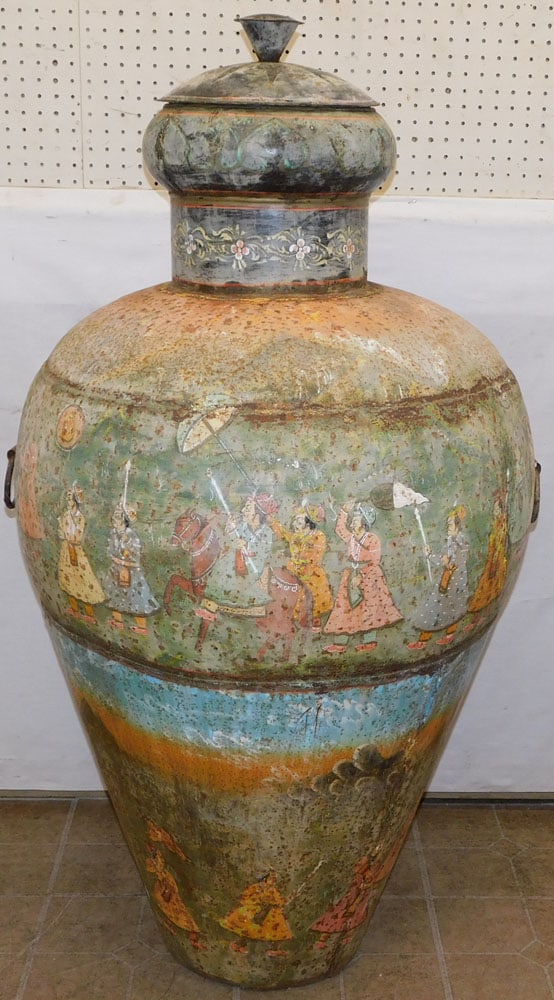 Oriental Paint Decorated Metal Palace Urn: Oriental Paint Decorated Metal Palace Urn. 30" Dia. 52" H ALL DESCRIPTIONS AND ANY CONDITION STATEMENT GIVEN BY LANGSTON AUCTION GALLERY ARE STRICTLY OPINIONS AND LANGSTON'S SHALL HAVE NO RESPONSIBILI