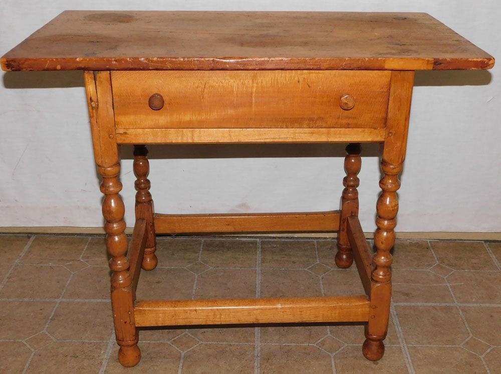 19th Century New England Maple Stretcher Base 1 Drawer Work Table (1 of 7)