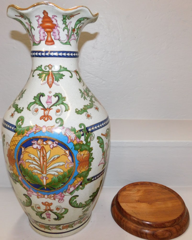 Oriental Porcelain Paint Decorated Vase on Wood Stand (1 of 4)