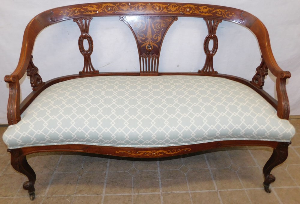 Antique Carved Mahogany Satinwood & Mother of Pearl Inlaid Victorian Settee (1 of 5)