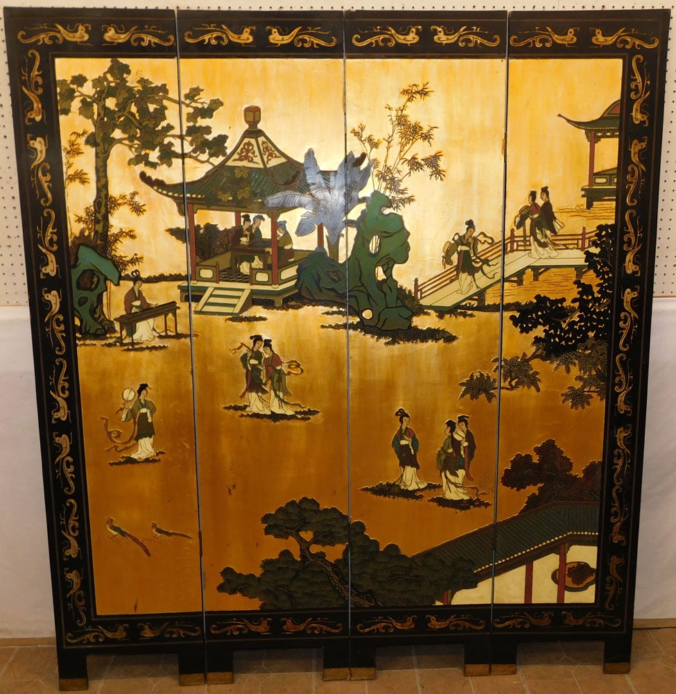 Black Lacquered & Paint Decorated Oriental Room Divider (1 of 3)