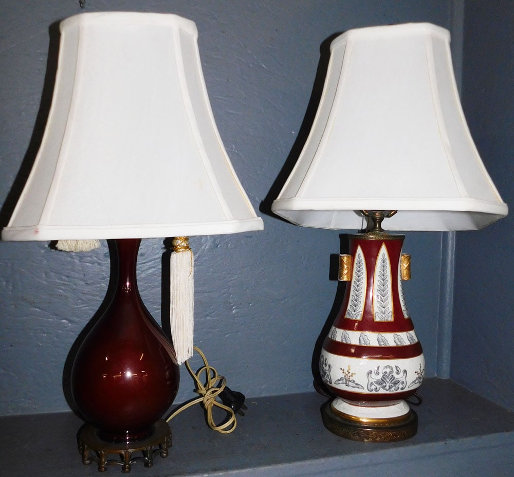 2 Oriental Porcelain Lamps: 2 Oriental Porcelain Lamps. Up to 23 1/2" H ALL DESCRIPTIONS AND ANY CONDITION STATEMENT GIVEN BY LANGSTON AUCTION GALLERY ARE STRICTLY OPINIONS AND LANGSTON'S SHALL HAVE NO RESPONSIBILITY FOR ERRORS 