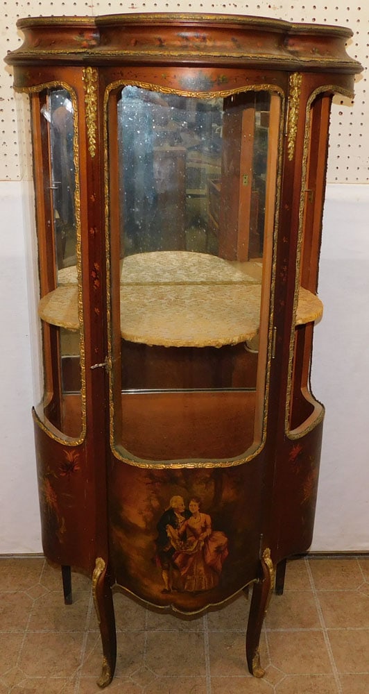 Paint Decorated French Vernis Martin Style Curio Cabinet, (1 Glass Missing) (1 of 8)