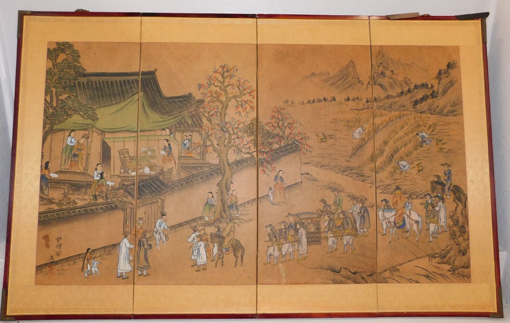 4 Panel Oriental Watercolor on Rice Paper Wall Screen (1 of 3)