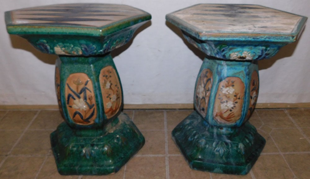 Pair of Hexagon Shaped Top Oriental Porcelain Plant Stands, (1 Has Restoration on Base) (1 of 4)