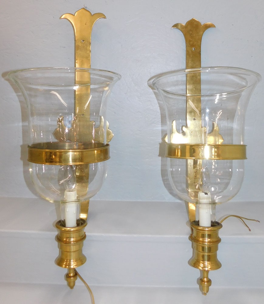 Pair of Large Brass Wall Sconces with Glass Shades (1 of 4)