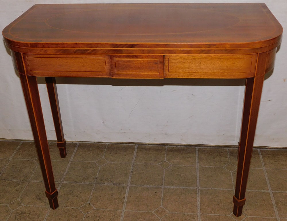Benchmade Mahogany Inlaid Fold Over Game Table by Maitland & Glasgow, London (1 of 8)