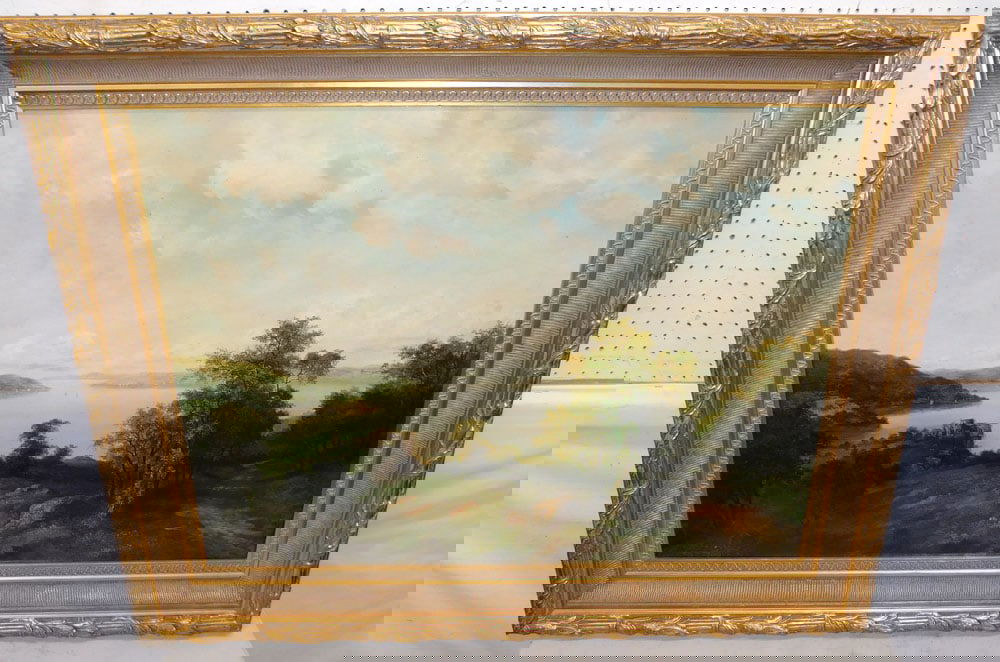 Large Framed Oil on Canvas of Lake & Castle Scene Signed (1 of 8)