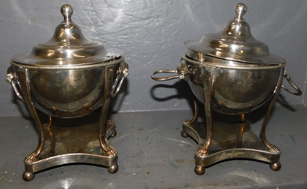 Pair of Sheffield Eagle Engraved Covered Urn Form Dishes: Pair of Sheffield Eagle Engraved Covered Urn Form Dishes. 7 3/4" H ALL DESCRIPTIONS AND ANY CONDITION STATEMENT GIVEN BY LANGSTON AUCTION GALLERY ARE STRICTLY OPINIONS AND LANGSTON'S SHALL HAVE NO RES