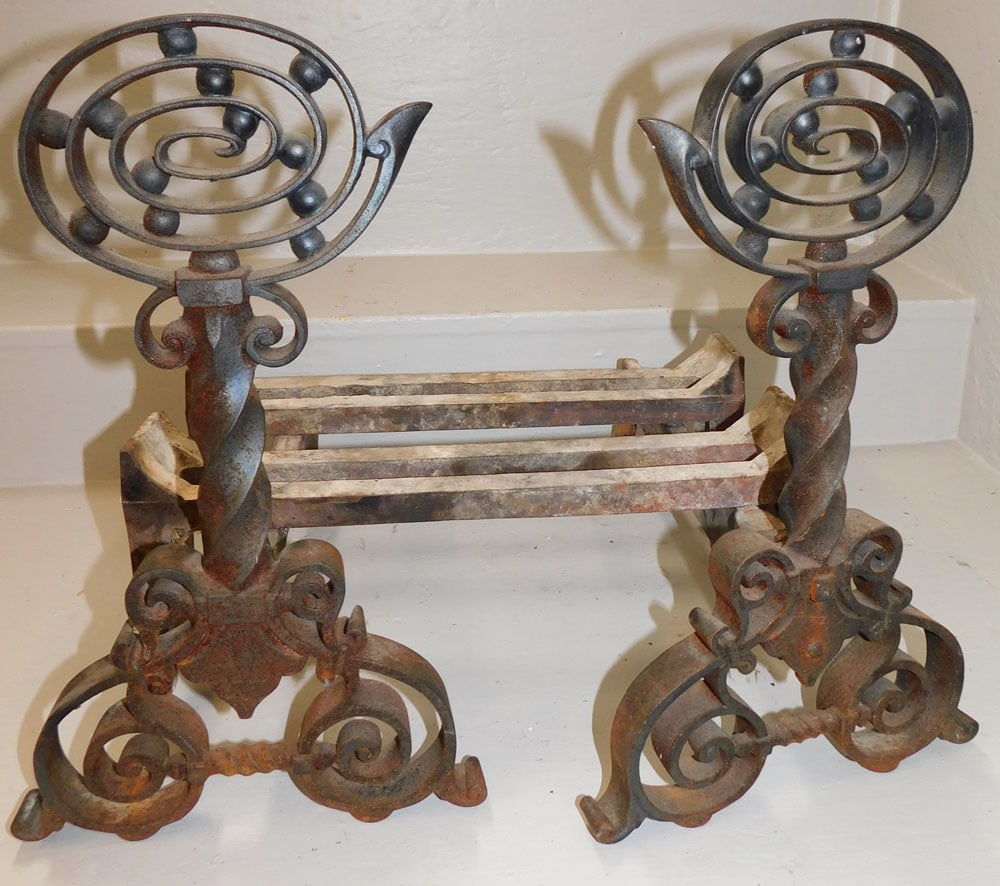 Pair of Antique Wrought Iron Andirons & Cast Iron Fire Grate (1 of 4)